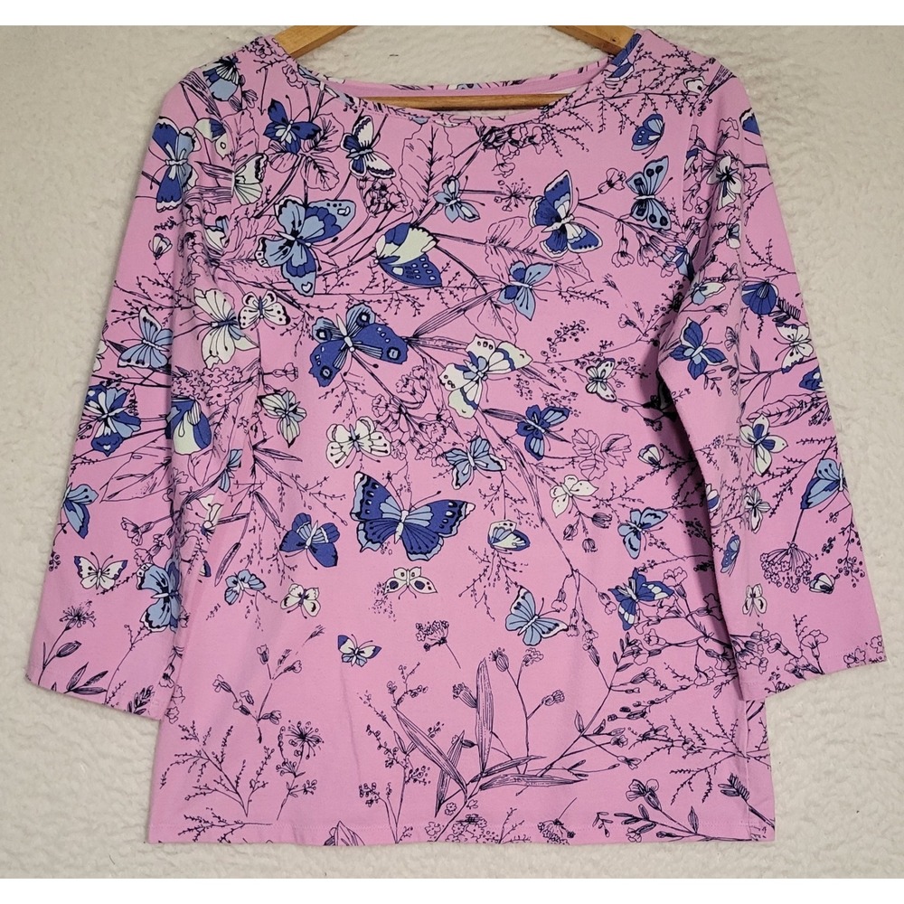 Talbots Butterfly Women's Top Size M 3/4 Sleeve Purple Pullover Blouse 1887